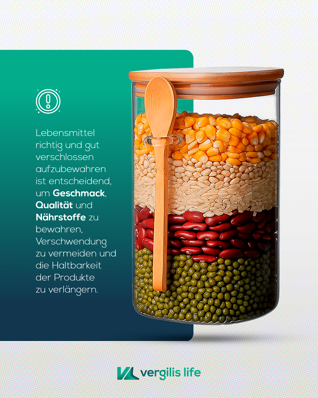 Große luftdichte Glas-Vorratsdose mit Bambusdeckel und Löffel – 1,375 L