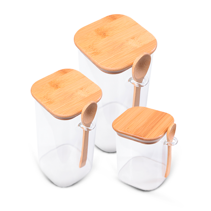 Luftdichte Glas-Aufbewahrungsgläser mit Bambusdeckeln & Löffeln – Set in Groß, Mittel & Klein