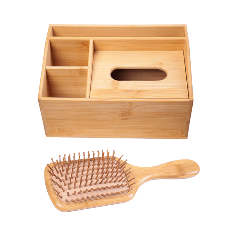 Self-Care Gift Set – Bamboo Paddle Brush &amp; Bamboo Storage Organizer