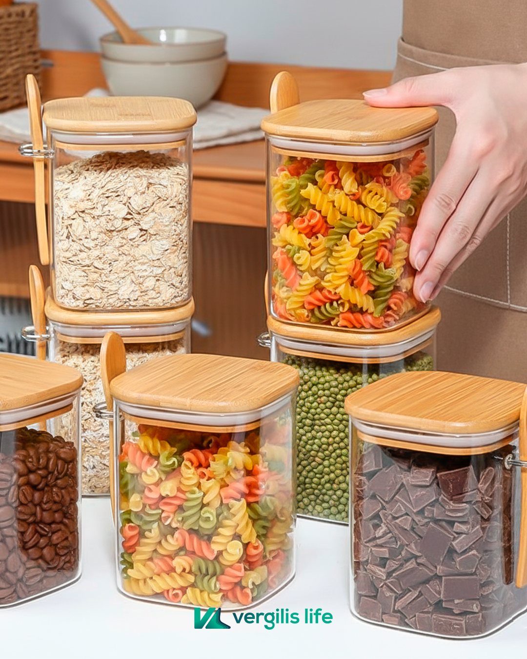 Airtight glass storage containers with bamboo lids and spoon set – Large, Medium &amp; Small