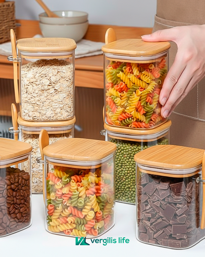 Airtight glass storage containers with bamboo lids and spoon set – Large, Medium &amp; Small