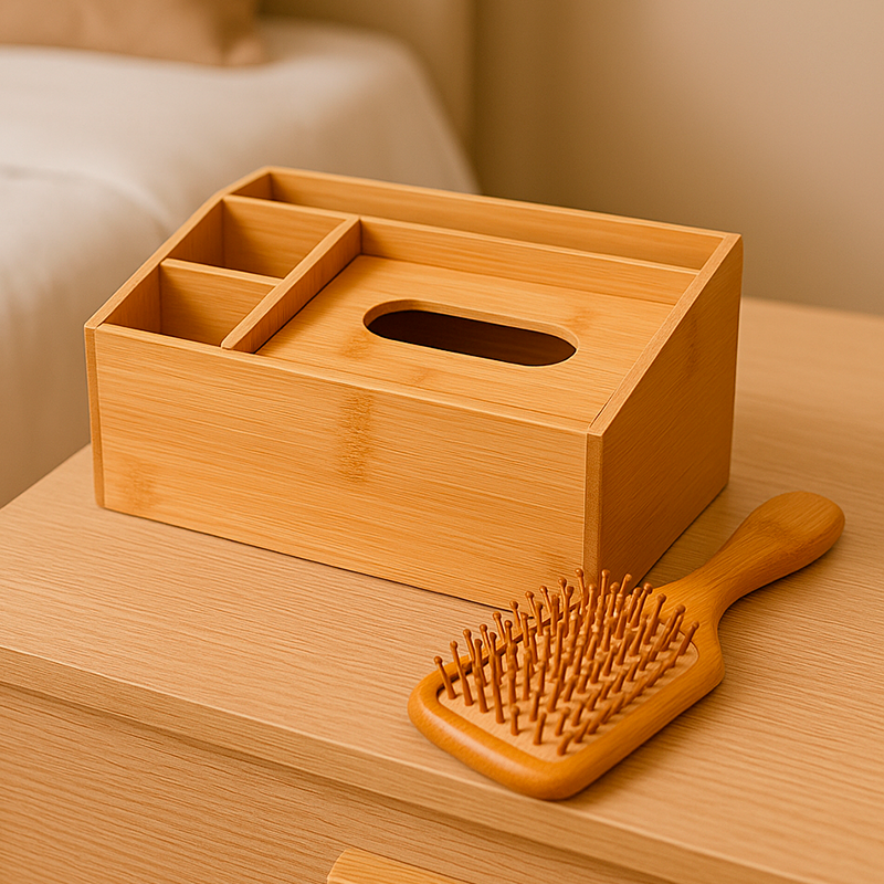 Self-Care Gift Set – Bamboo Paddle Brush & Bamboo Storage Organizer