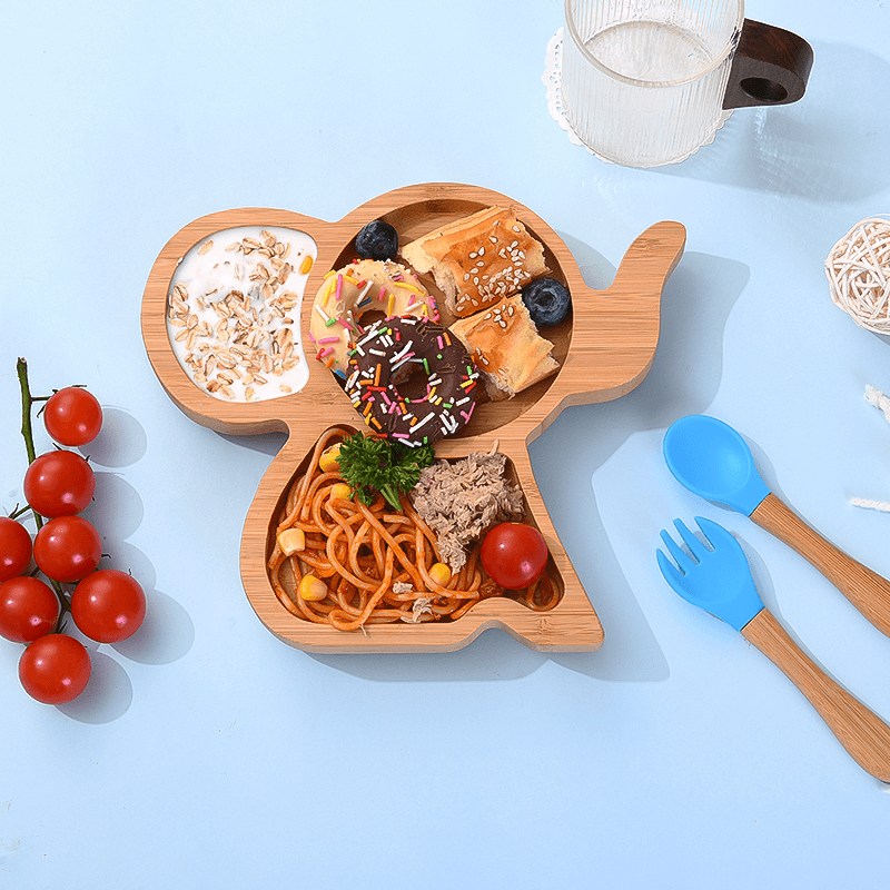 Baby Bambusteller Geschenkset – Saugteller, Auto- & Elefantenformen