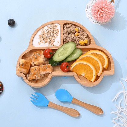 Baby Bambusteller Geschenkset – Saugteller, Auto- & Elefantenformen