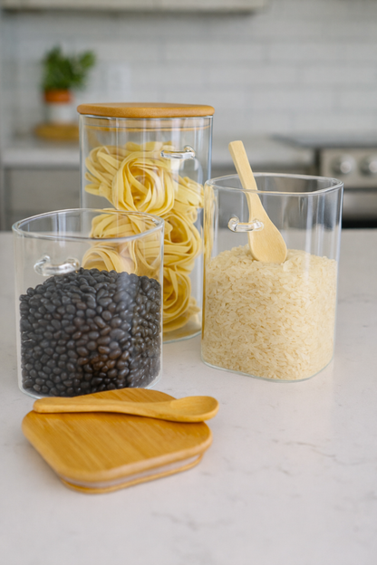 Airtight glass storage containers with bamboo lids and spoon set – Large, Medium &amp; Small