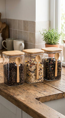 Mittlere luftdichte Glas-Vorratsdose mit Bambusdeckel und Löffel – 1,125 L