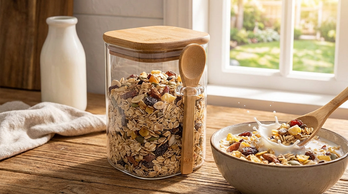 Small airtight glass storage container with bamboo lid and spoon – 0.875 L