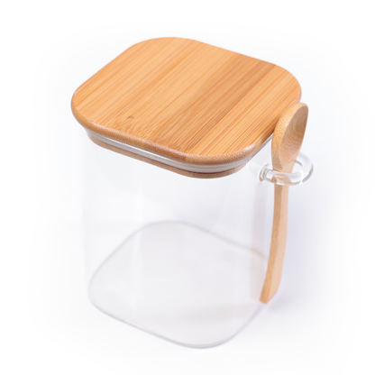 Kleines luftdichtes Glas-Aufbewahrungsglas mit Bambusdeckel und Löffel – 0,875 L