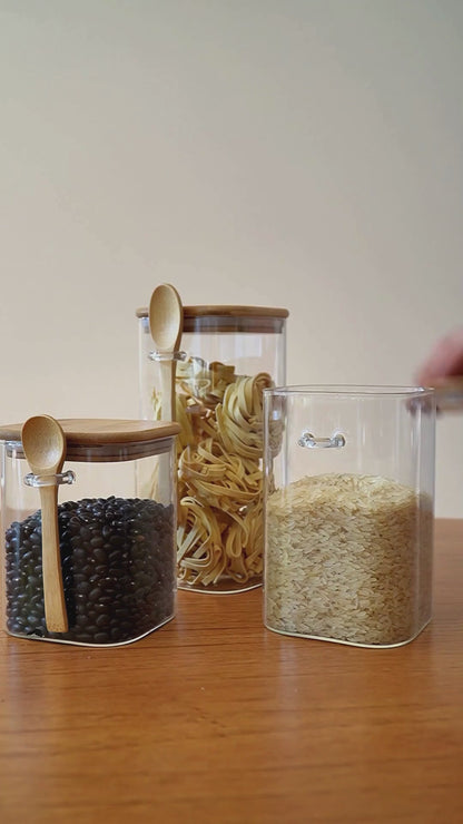 Airtight glass storage containers with bamboo lids and spoon set – Large, Medium &amp; Small